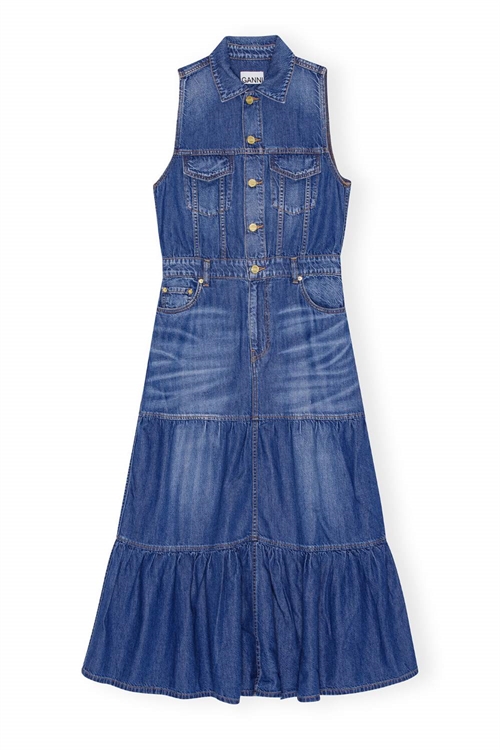 GANNI J1486 LÅNG DENIM KLÄNNING MELLAN BLÅ VINTAGE